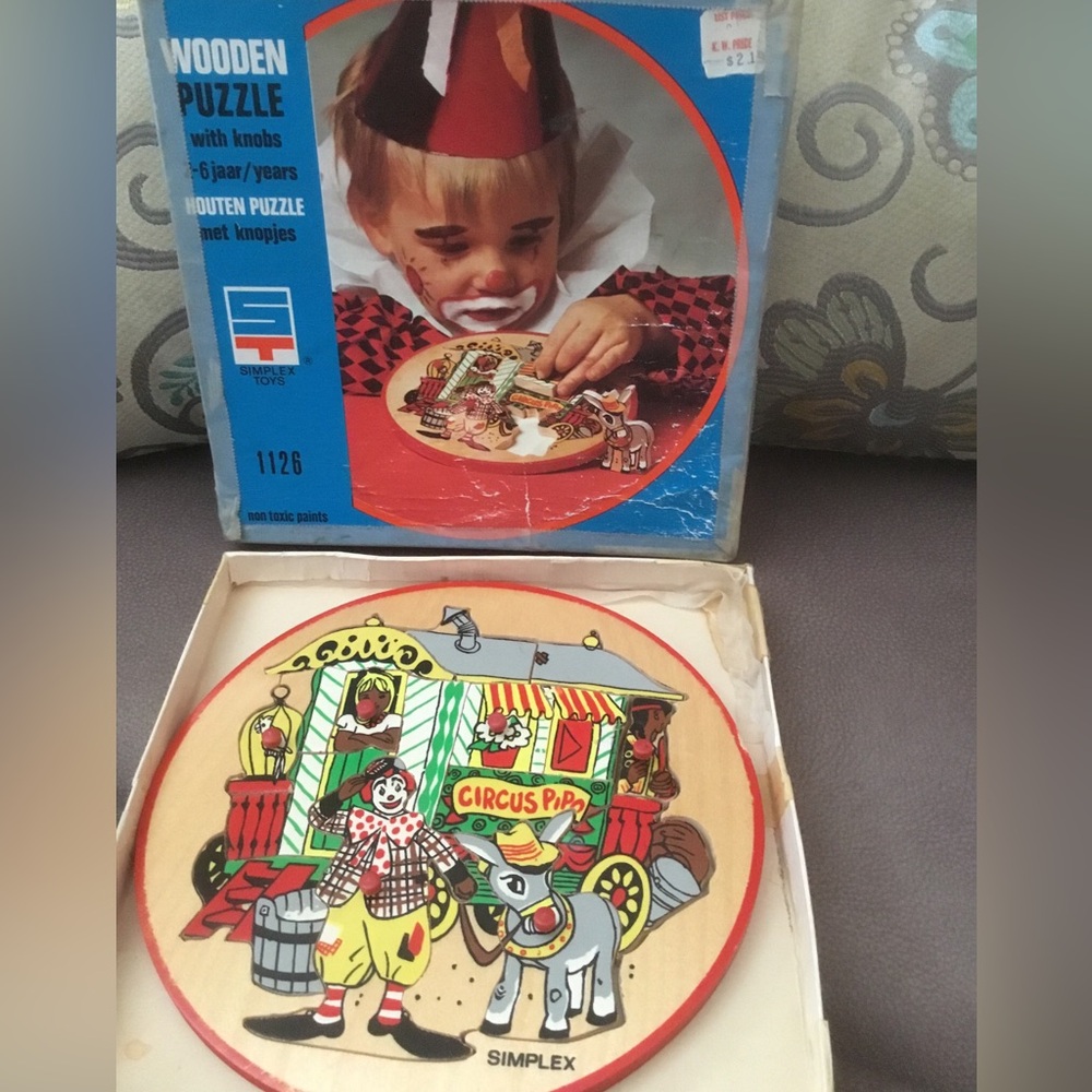 VTG SIMPLEX TOYS Wooden Knobs Circus Dutch Pipo 1126 Clown Complete W/Box ‘75